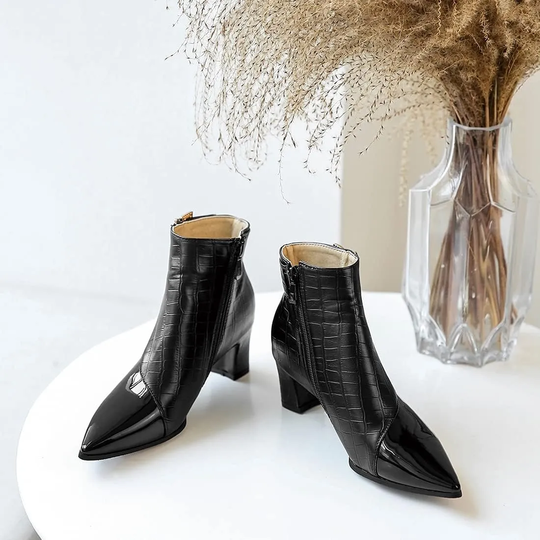 VOKLIN Women's Fashion Buckle Pointed Toe Dressy Ankle Booties Side Zipper Block Mid Heel Dress Short Boots