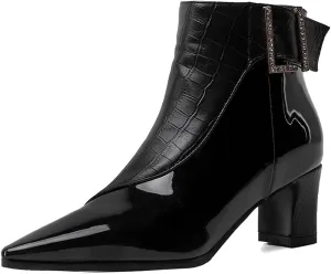 VOKLIN Women's Fashion Buckle Pointed Toe Dressy Ankle Booties Side Zipper Block Mid Heel Dress Short Boots