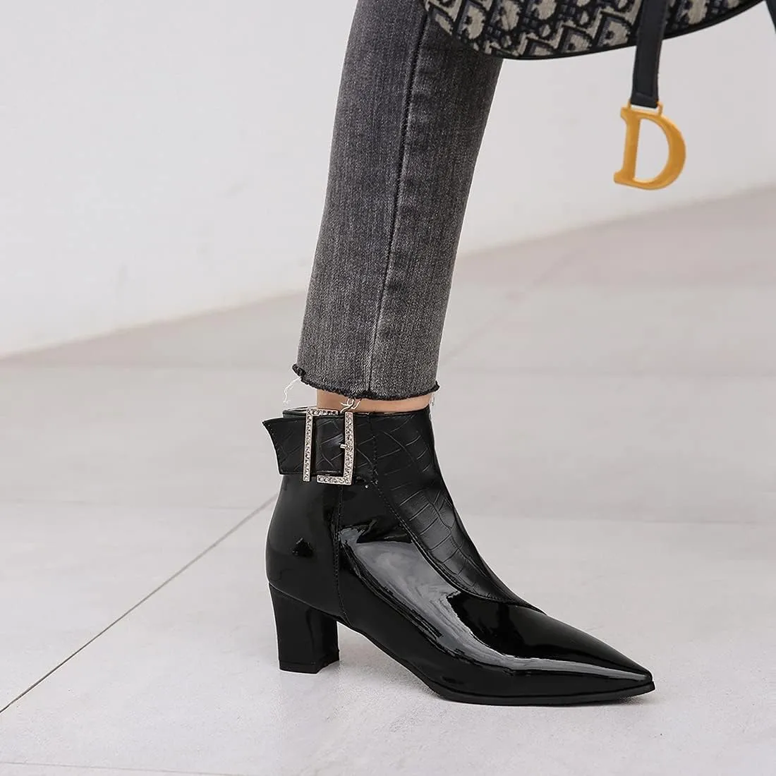 VOKLIN Women's Fashion Buckle Pointed Toe Dressy Ankle Booties Side Zipper Block Mid Heel Dress Short Boots