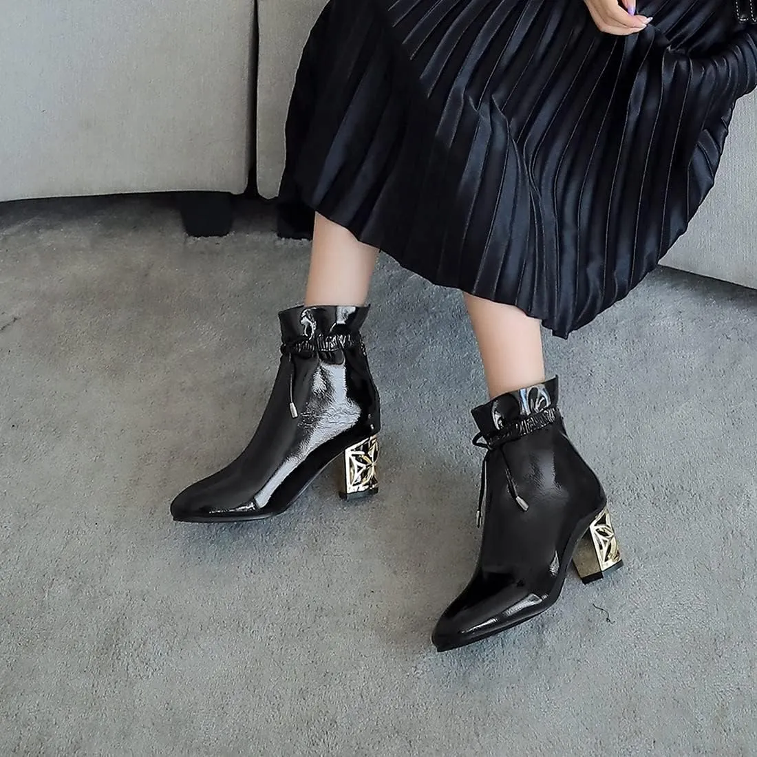 VOKLIN Women's Square Toe Bow Dressy Ankle Boots Patent Leather Zipper Chunky Mid Heel Dress Short Booties