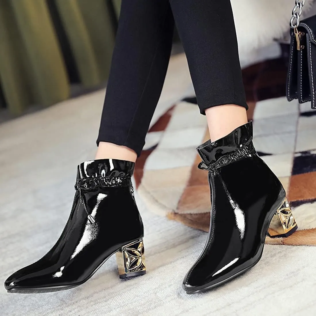 VOKLIN Women's Square Toe Bow Dressy Ankle Boots Patent Leather Zipper Chunky Mid Heel Dress Short Booties