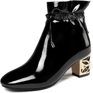 VOKLIN Women's Square Toe Bow Dressy Ankle Boots Patent Leather Zipper Chunky Mid Heel Dress Short Booties
