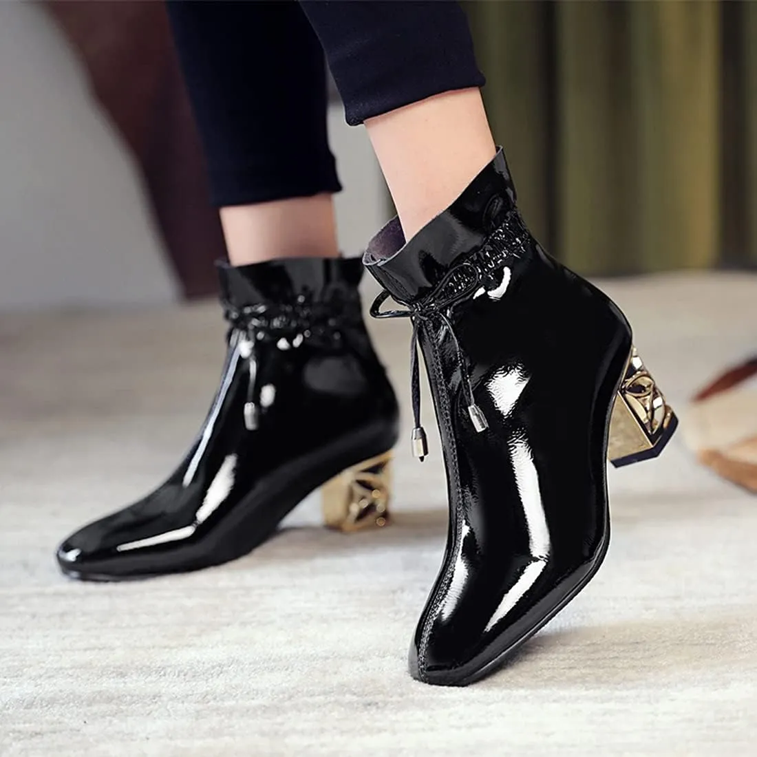 VOKLIN Women's Square Toe Bow Dressy Ankle Boots Patent Leather Zipper Chunky Mid Heel Dress Short Booties