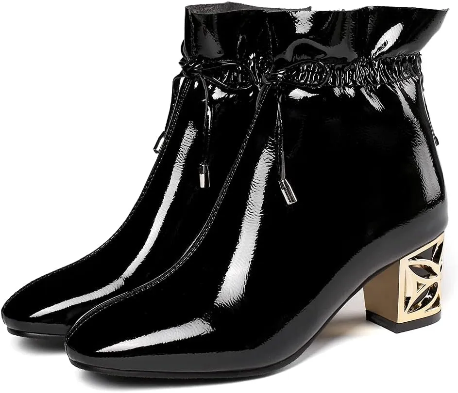 VOKLIN Women's Square Toe Bow Dressy Ankle Boots Patent Leather Zipper Chunky Mid Heel Dress Short Booties