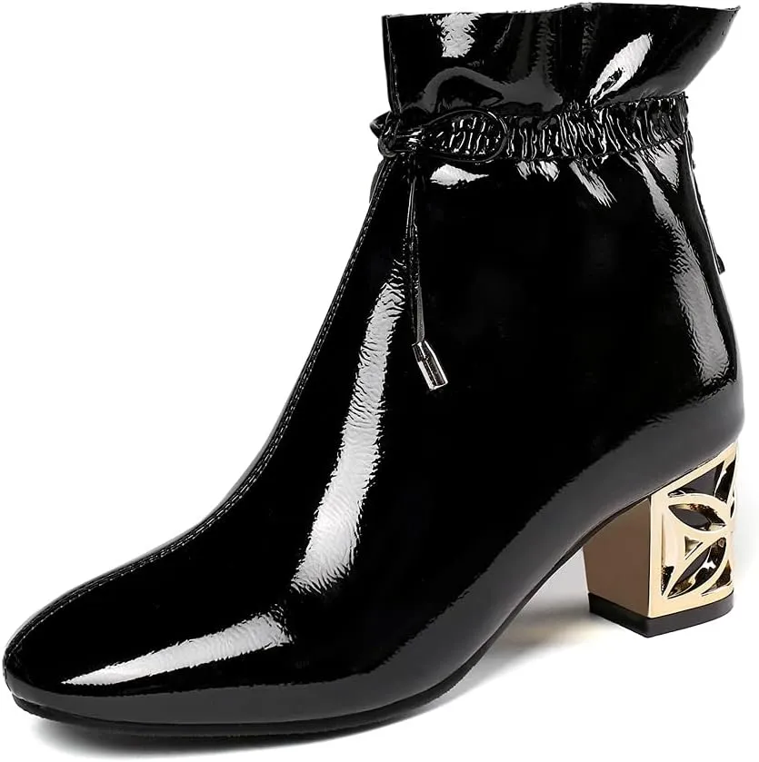 VOKLIN Women's Square Toe Bow Dressy Ankle Boots Patent Leather Zipper Chunky Mid Heel Dress Short Booties