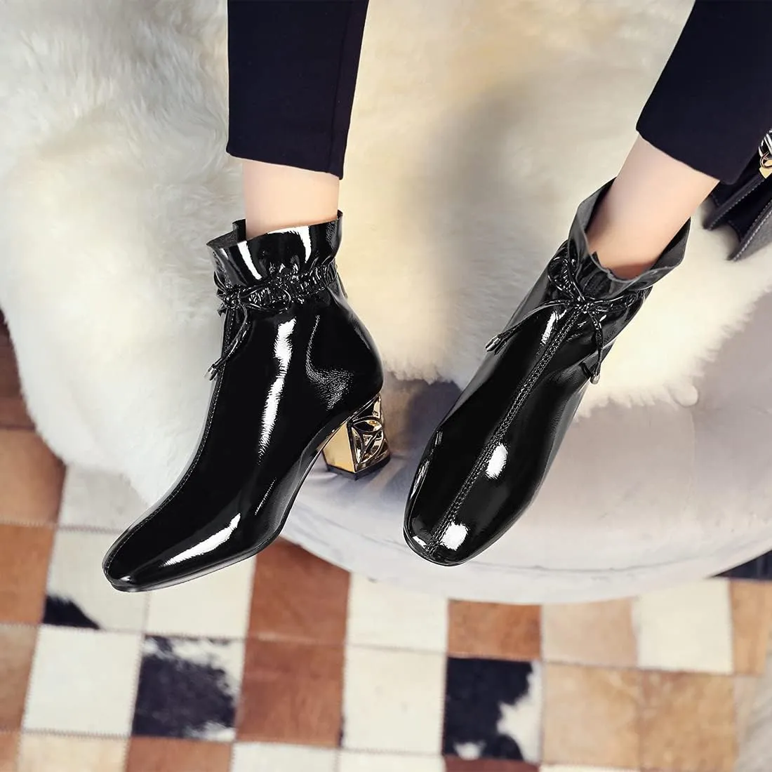 VOKLIN Women's Square Toe Bow Dressy Ankle Boots Patent Leather Zipper Chunky Mid Heel Dress Short Booties