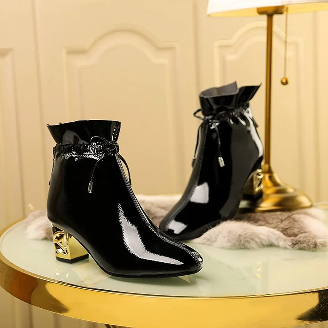 VOKLIN Women's Square Toe Bow Dressy Ankle Boots Patent Leather Zipper Chunky Mid Heel Dress Short Booties