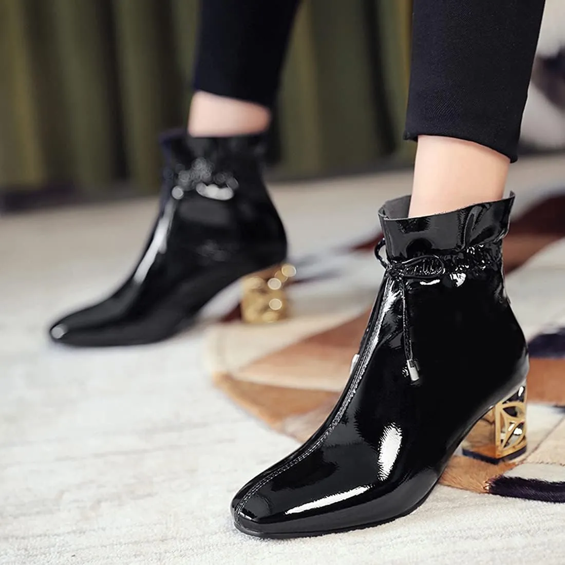 VOKLIN Women's Square Toe Bow Dressy Ankle Boots Patent Leather Zipper Chunky Mid Heel Dress Short Booties