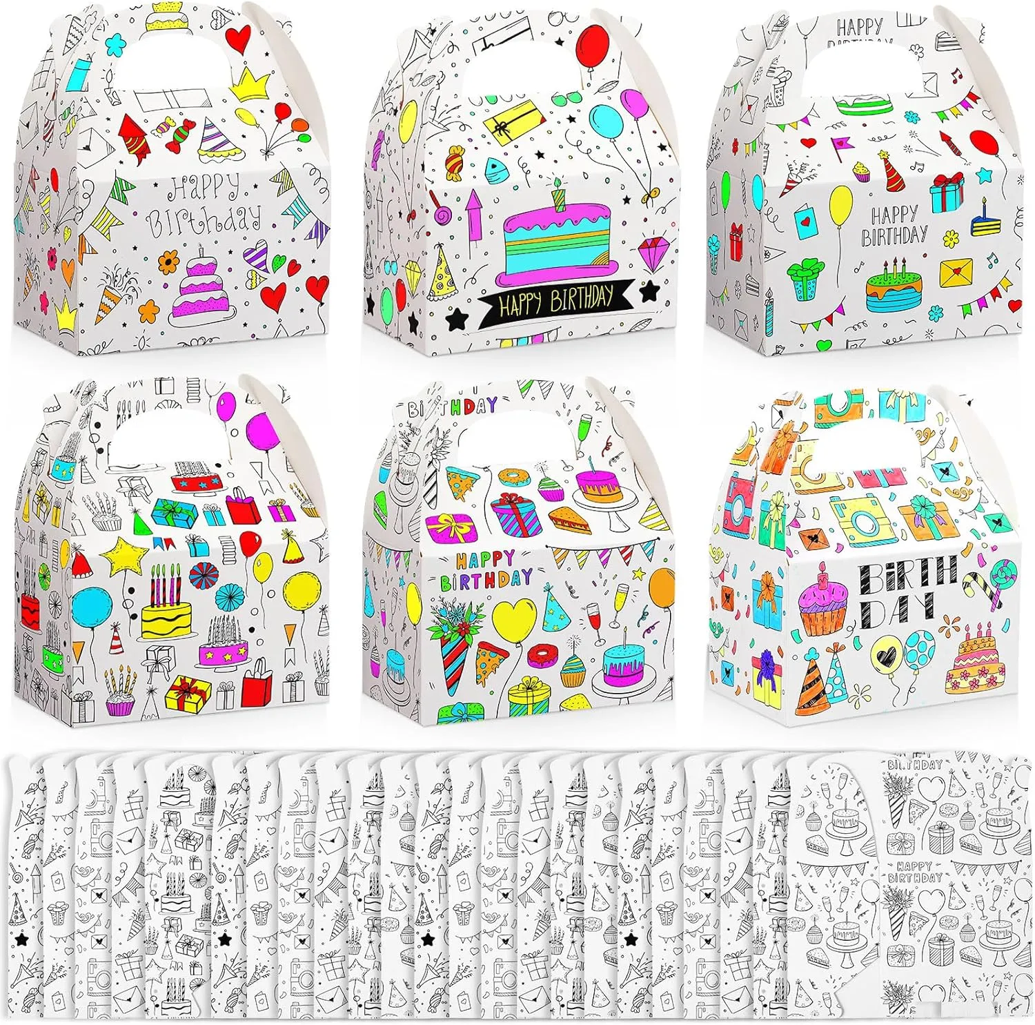 Watersay 24 Pcs Birthday Coloring Treat Party Favor Box DIY Color Your Own Paintable Gift Boxes Paper Gable Treat Goodie Box for Birthday Party Supplies Draw Doodle Art Activity Craft