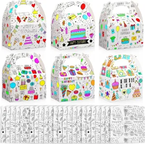 Watersay 24 Pcs Birthday Coloring Treat Party Favor Box DIY Color Your Own Paintable Gift Boxes Paper Gable Treat Goodie Box for Birthday Party Supplies Draw Doodle Art Activity Craft