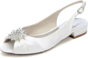Wedding Dress Shoes Womens Slip on Low Heel Peep Toe Slingback Bridal Shoes Satin Flat Rhinestones Sandals with Pleated Evenging Party Work