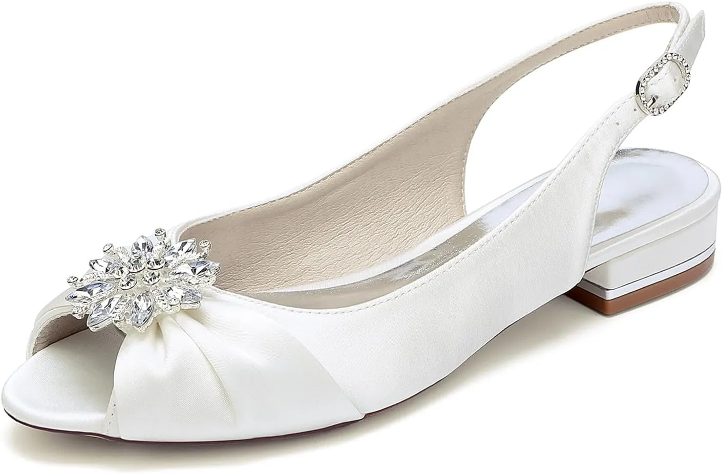 Wedding Dress Shoes Womens Slip on Low Heel Peep Toe Slingback Bridal Shoes Satin Flat Rhinestones Sandals with Pleated Evenging Party Work