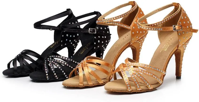 WENDYWU Women Latin Shoes Rhinestone Ballroom 4" High Heel Sandals Dance Shoes