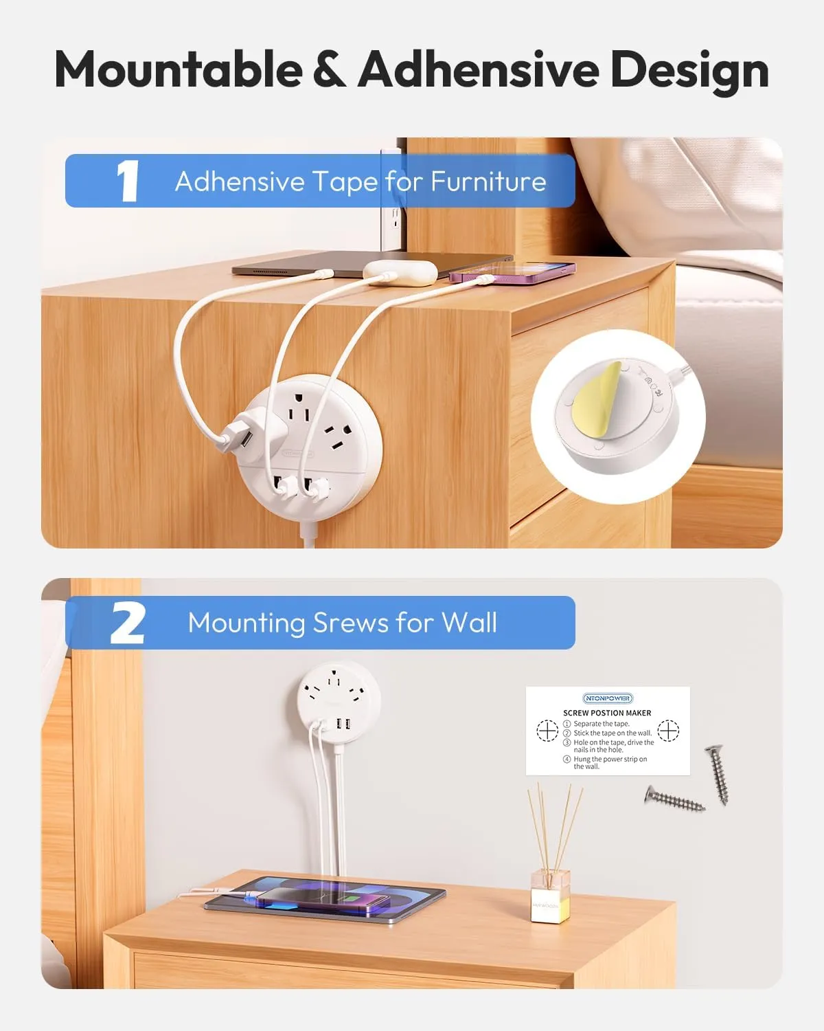 White Extension Cord 10 FT, Ultra Thin Flat Plug Power Strip with 4 USB Ports 3 Outlets, Wall Mountable, Non Surge Protector for Cruise Ship, Home Office, Travel Essentials