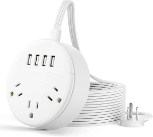 White Extension Cord 10 FT, Ultra Thin Flat Plug Power Strip with 4 USB Ports 3 Outlets, Wall Mountable, Non Surge Protector for Cruise Ship, Home Office, Travel Essentials