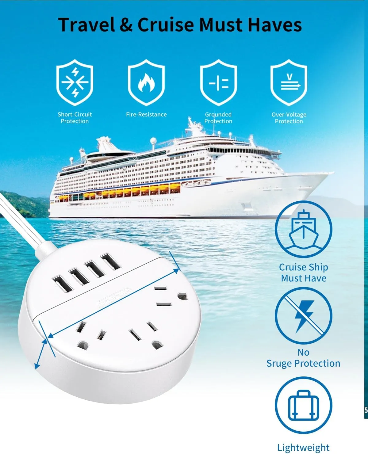 White Extension Cord 10 FT, Ultra Thin Flat Plug Power Strip with 4 USB Ports 3 Outlets, Wall Mountable, Non Surge Protector for Cruise Ship, Home Office, Travel Essentials