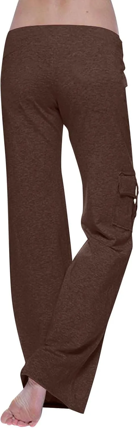 Wide Leg Yoga Pants Womens Cargo Pants with Pockets Elastic Waist Flared Pants Workout Leggings Gym Sweatpants