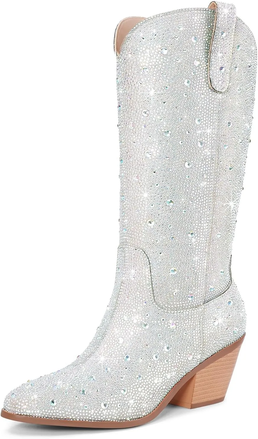 Women Cowboy Boots Cowgirl Rhinestone Mid Calf Western Boots Sparkly Glitter Boots Bling Pointed Toe Chunky Heel Pull On