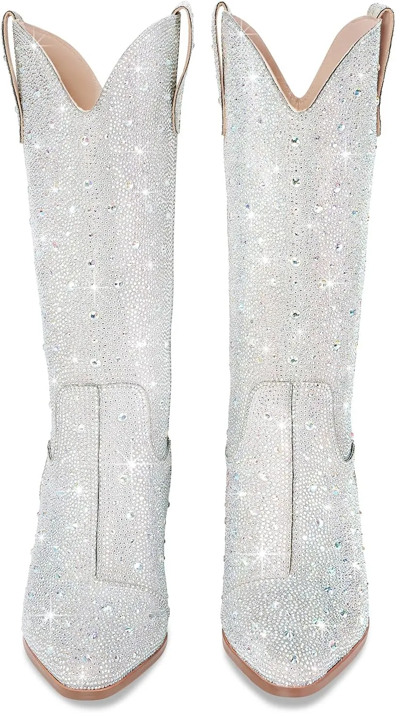 Women Cowboy Boots Cowgirl Rhinestone Mid Calf Western Boots Sparkly Glitter Boots Bling Pointed Toe Chunky Heel Pull On