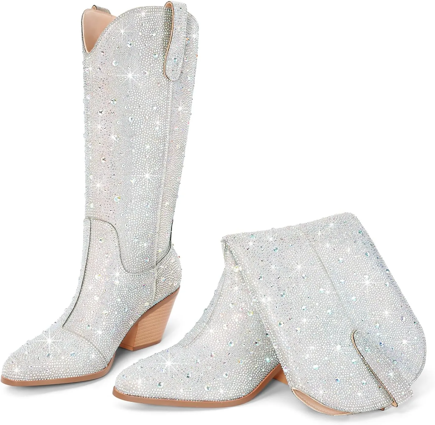 Women Cowboy Boots Cowgirl Rhinestone Mid Calf Western Boots Sparkly Glitter Boots Bling Pointed Toe Chunky Heel Pull On