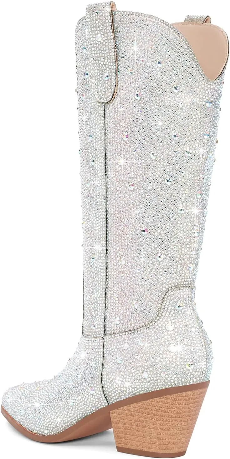 Women Cowboy Boots Cowgirl Rhinestone Mid Calf Western Boots Sparkly Glitter Boots Bling Pointed Toe Chunky Heel Pull On
