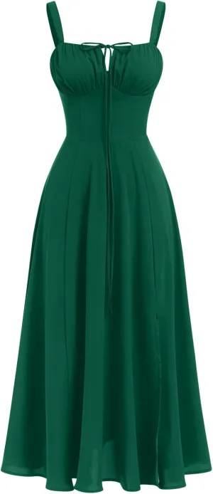 Women Floral Corset Dress Summer Dress 2024 Boho Flowy Slit Lace Up Midi Dresses Going Out A Line Casual Sundress
