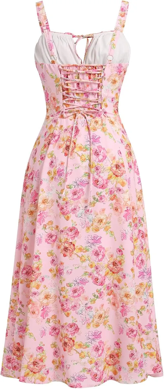 Women Floral Corset Dress Summer Dress 2024 Boho Flowy Slit Lace Up Midi Dresses Going Out A Line Casual Sundress
