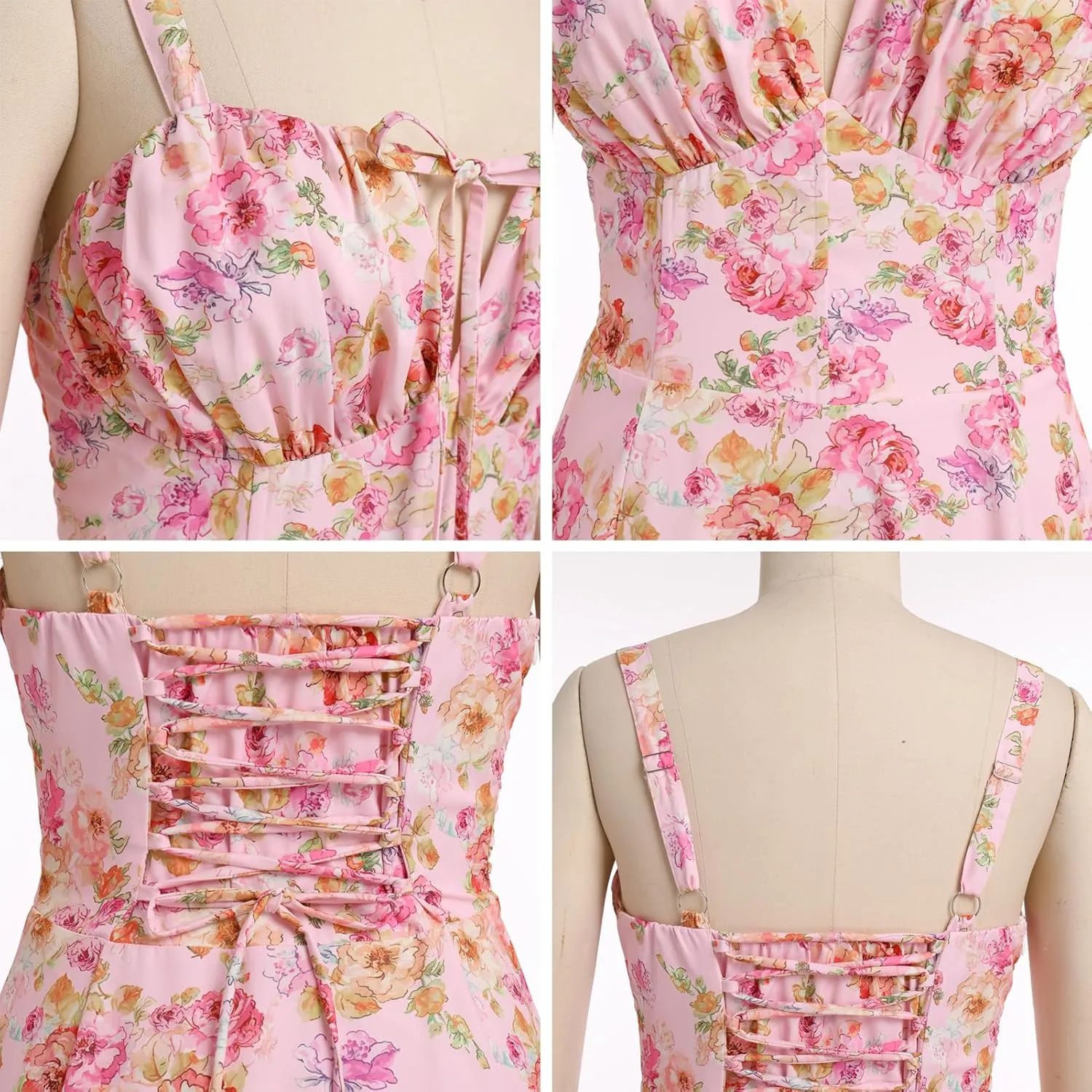 Women Floral Corset Dress Summer Dress 2024 Boho Flowy Slit Lace Up Midi Dresses Going Out A Line Casual Sundress