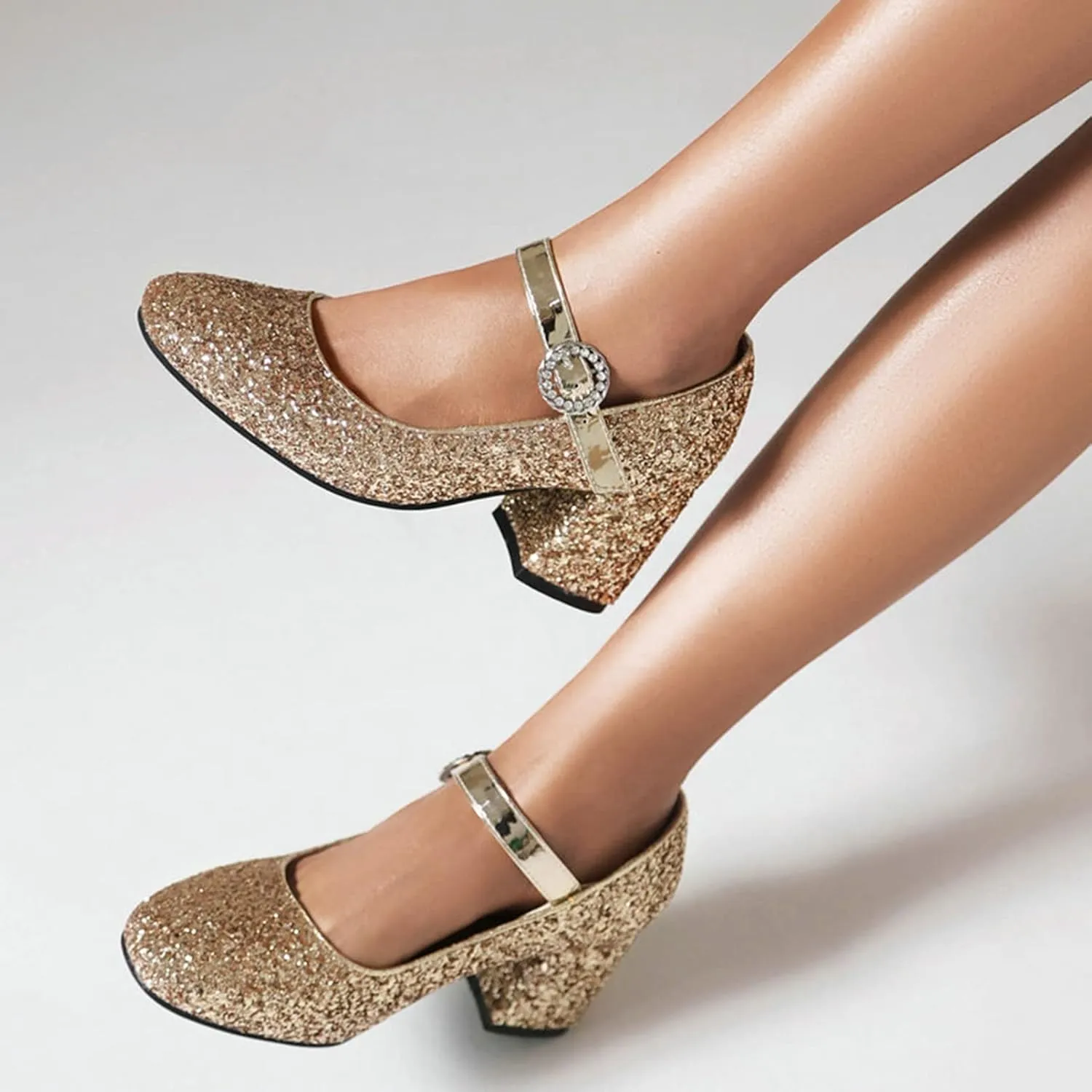 Women Glitter Sequins Mary Jane Pumps Ankle Strap Square Toe Block Heel Wedding Dress Evening Shoes