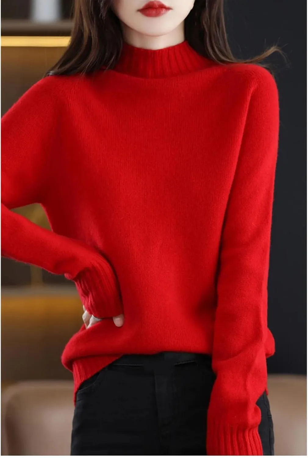 Women Long Sleeve Cashmere Knitted Sweaters Spring Autume 100% Merino Wool Mock-Neck Pullover Tops