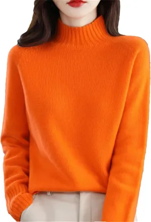 Women Long Sleeve Cashmere Knitted Sweaters Spring Autume 100% Merino Wool Mock-Neck Pullover Tops