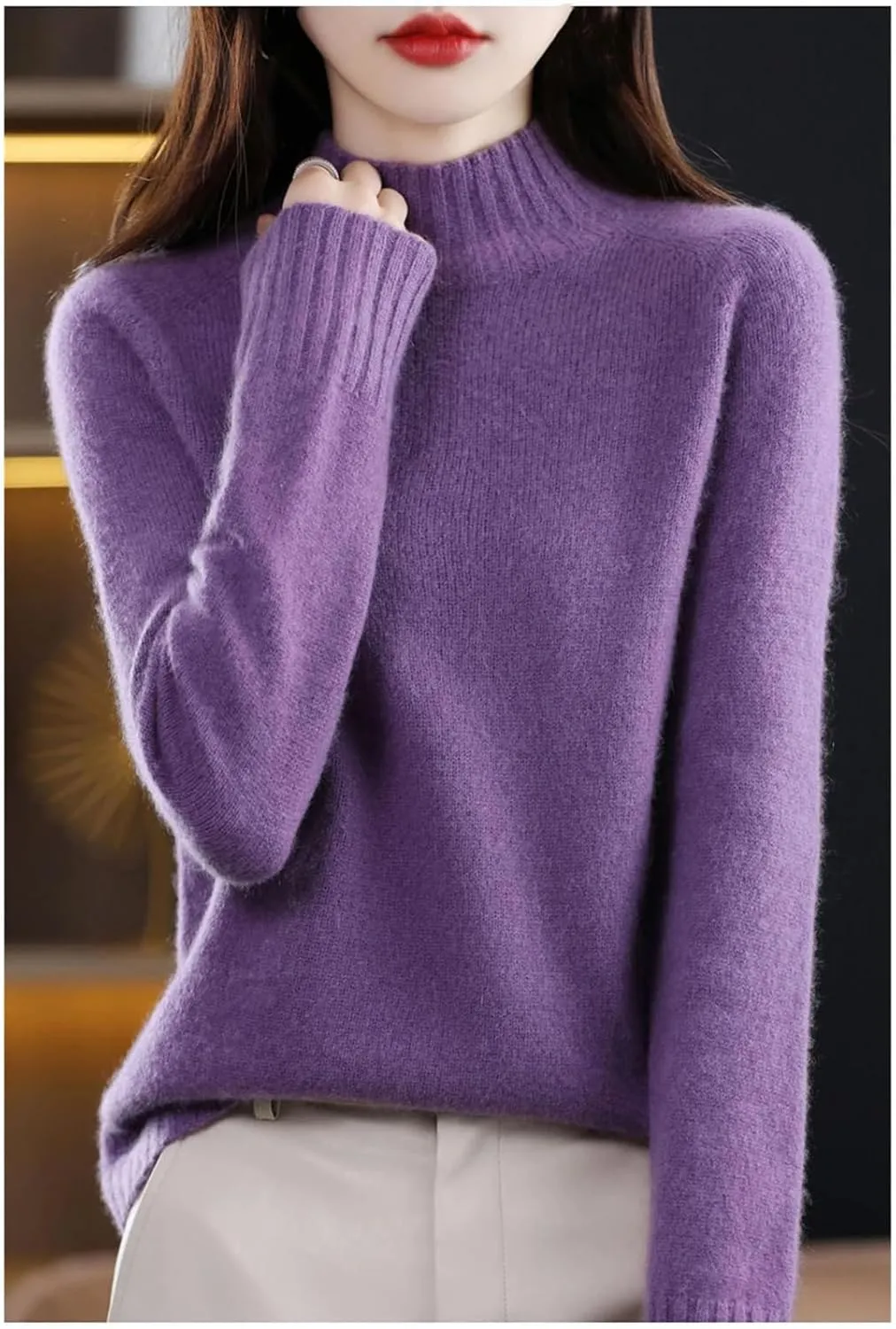 Women Long Sleeve Cashmere Knitted Sweaters Spring Autume 100% Merino Wool Mock-Neck Pullover Tops