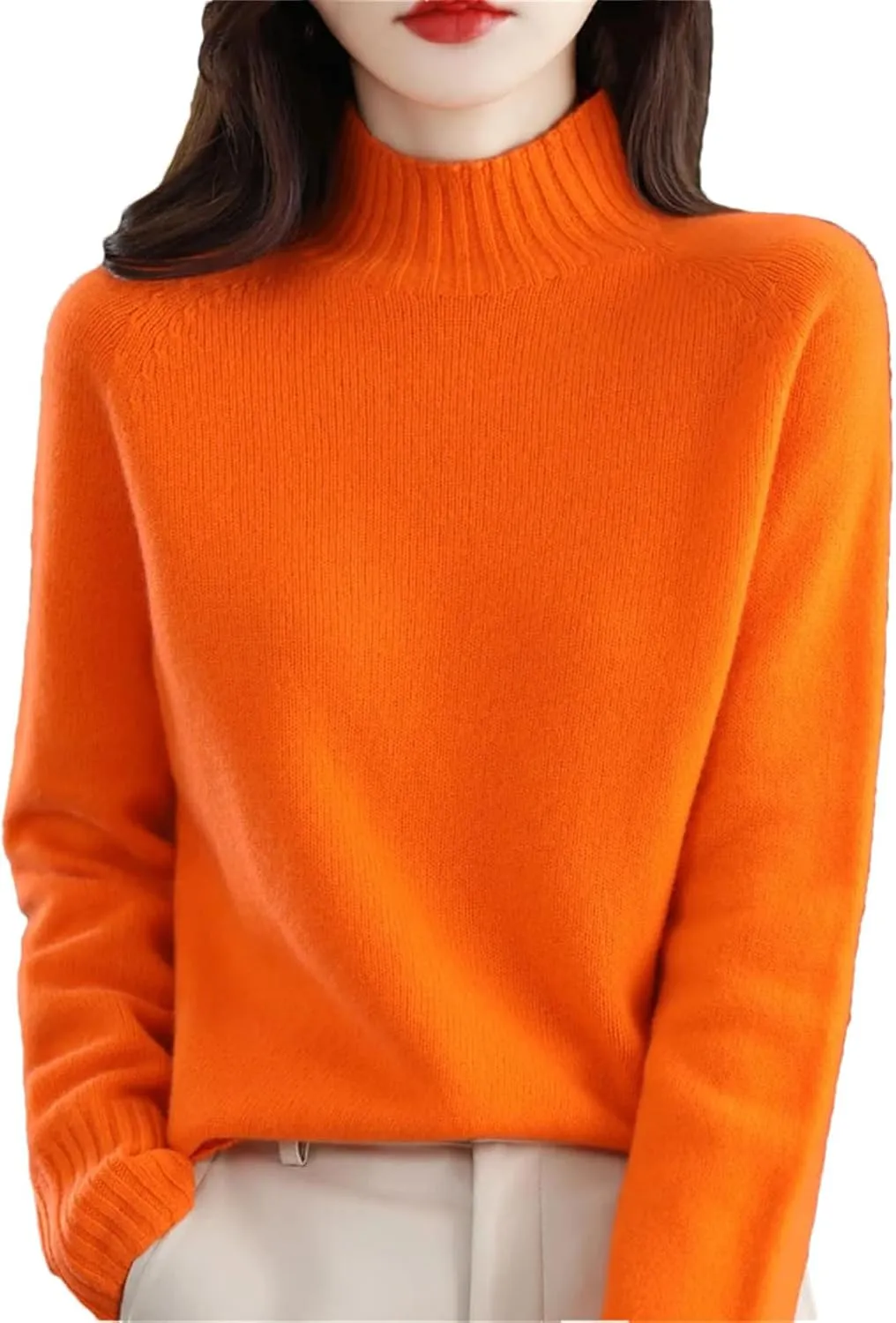 Women Long Sleeve Cashmere Knitted Sweaters Spring Autume 100% Merino Wool Mock-Neck Pullover Tops