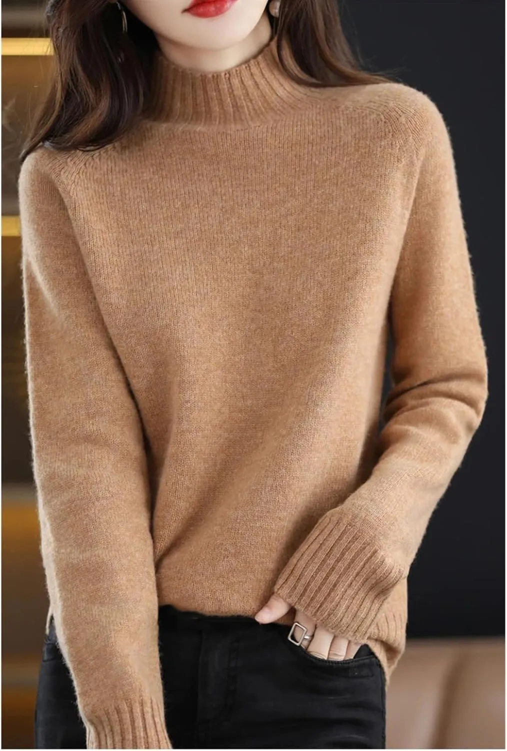 Women Long Sleeve Cashmere Knitted Sweaters Spring Autume 100% Merino Wool Mock-Neck Pullover Tops