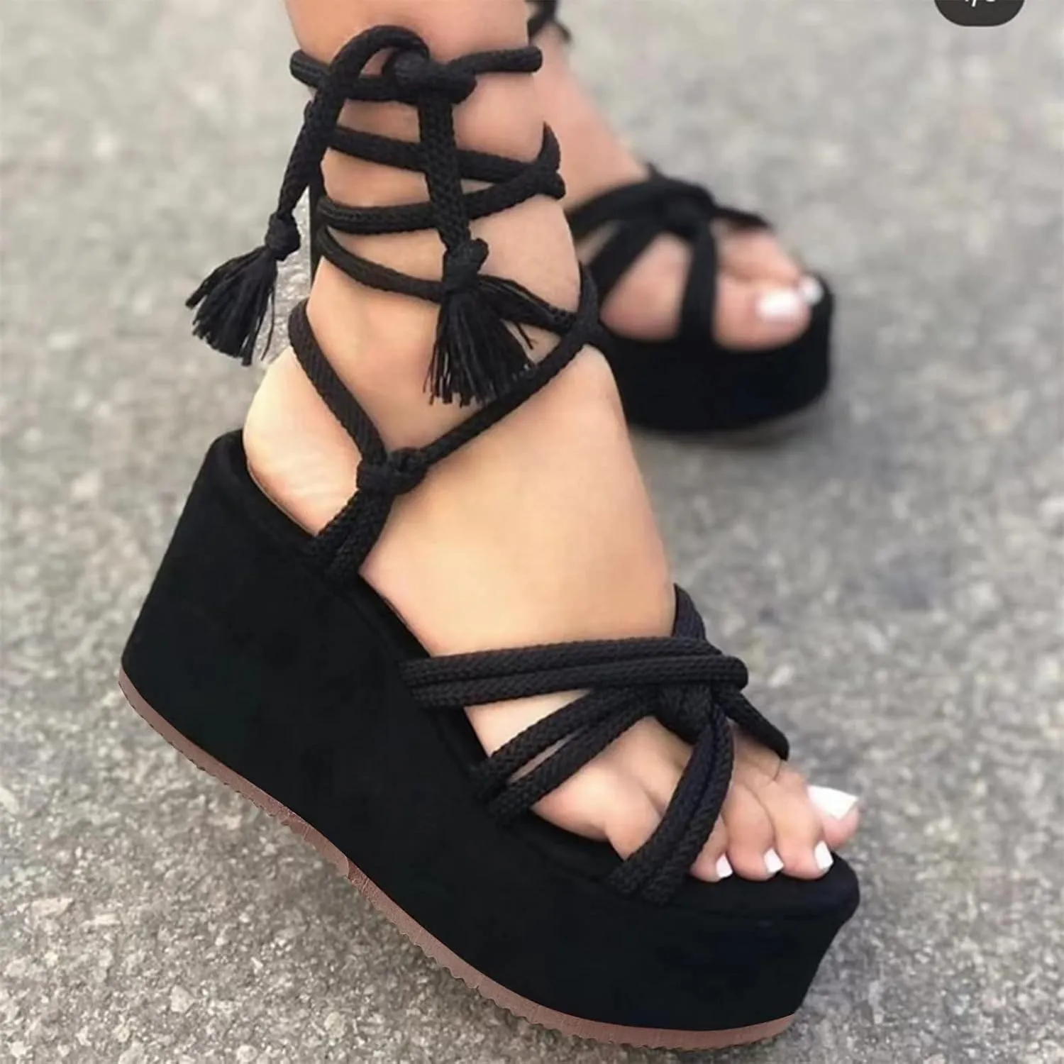 Women Platform Sandals Lace-up Wedge Sandals Casual Open Toe Shoes Summer Strappy Sandals (Black, 8)