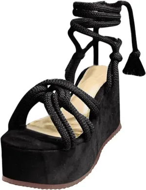 Women Platform Sandals Lace-up Wedge Sandals Casual Open Toe Shoes Summer Strappy Sandals (Black, 8)