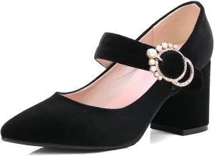 Women Pointed Toe Mary Jane Shoes Velvet Ankle Strap Pearl Buckle Chunky Thick High Heel Dress Pumps