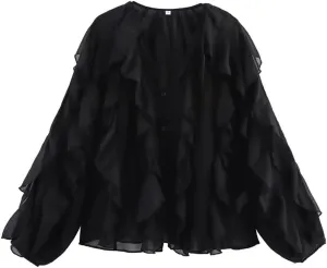 Women Ruffle Edge Layered Decoration V-Neck Long Sleeved Shirt Solid Single Breasted Lightweight Top