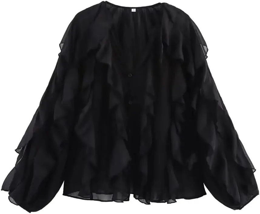 Women Ruffle Edge Layered Decoration V-Neck Long Sleeved Shirt Solid Single Breasted Lightweight Top