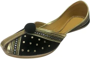Women Velvet & Leather Khussa Shoes Punjabi Jutti Indian Traditional Mojari Black
