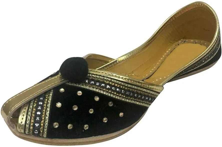 Women Velvet & Leather Khussa Shoes Punjabi Jutti Indian Traditional Mojari Black