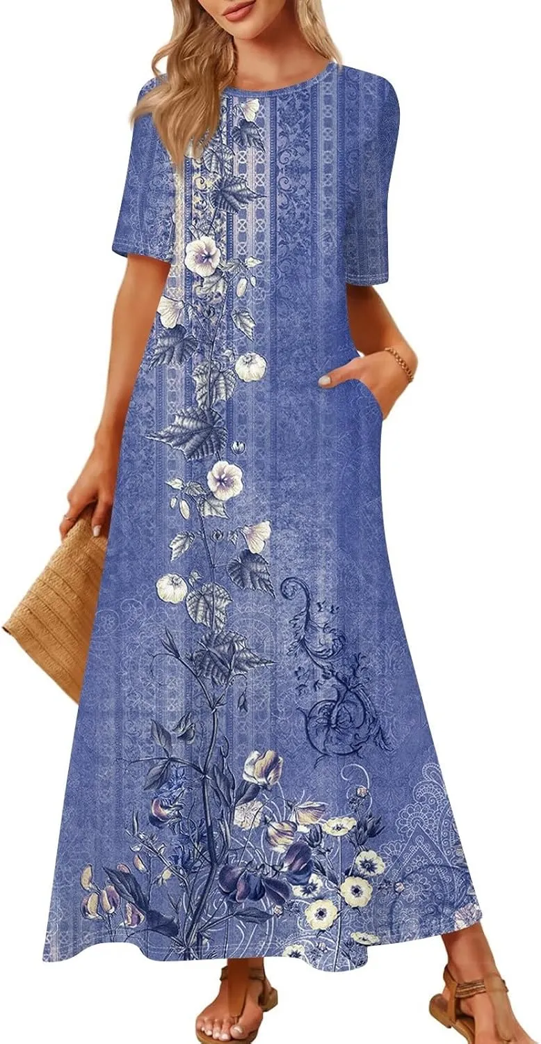 Women's 2025 Spring Summer Casual Maxi Dress Beach Vacation Short Sleeve Crewneck Basic Long Floral T Shirt Dresses