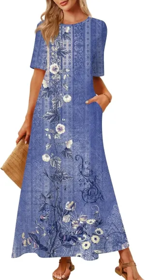Women's 2025 Spring Summer Casual Maxi Dress Beach Vacation Short Sleeve Crewneck Basic Long Floral T Shirt Dresses