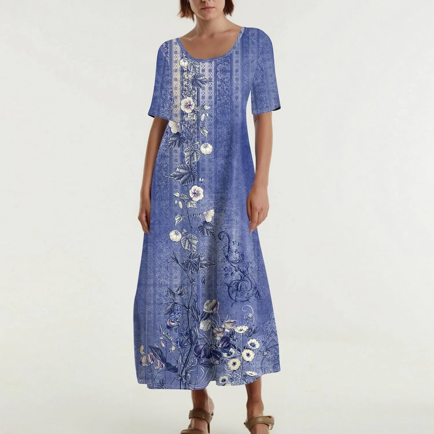 Women's 2025 Spring Summer Casual Maxi Dress Beach Vacation Short Sleeve Crewneck Basic Long Floral T Shirt Dresses