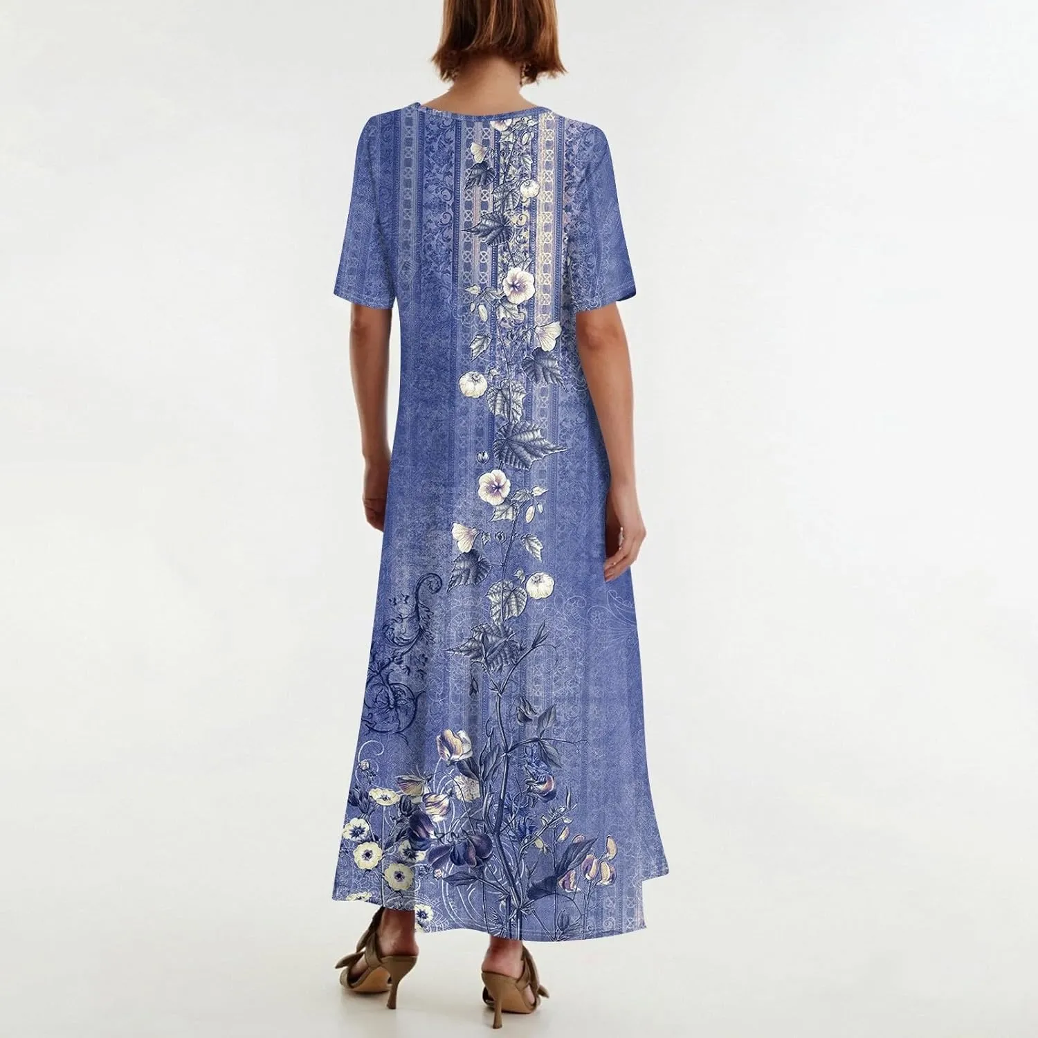 Women's 2025 Spring Summer Casual Maxi Dress Beach Vacation Short Sleeve Crewneck Basic Long Floral T Shirt Dresses
