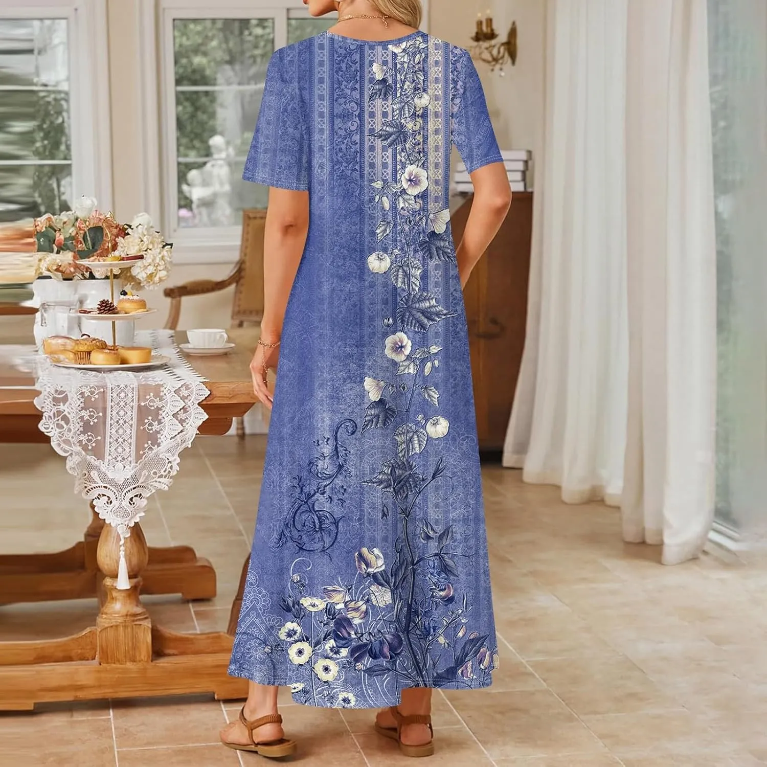 Women's 2025 Spring Summer Casual Maxi Dress Beach Vacation Short Sleeve Crewneck Basic Long Floral T Shirt Dresses