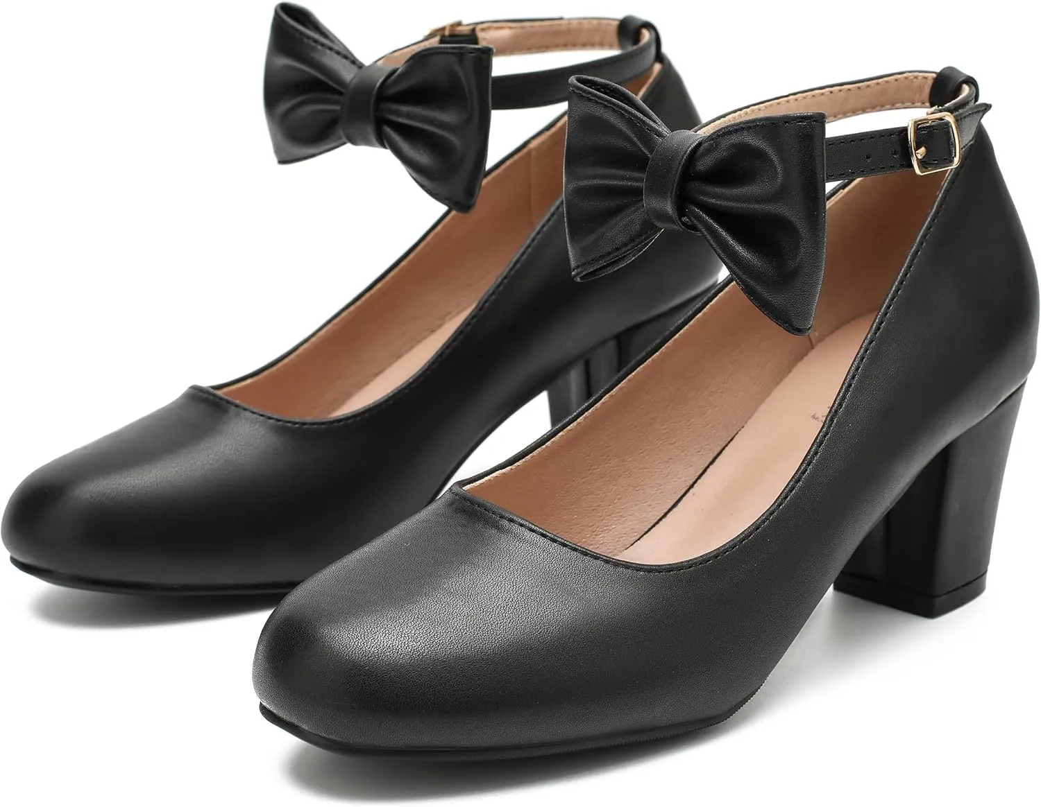 Women's Ankle Strap Heels Removable Bow Closed Toe Low Chunky Heels Pumps Mary Jane Dress Shoes