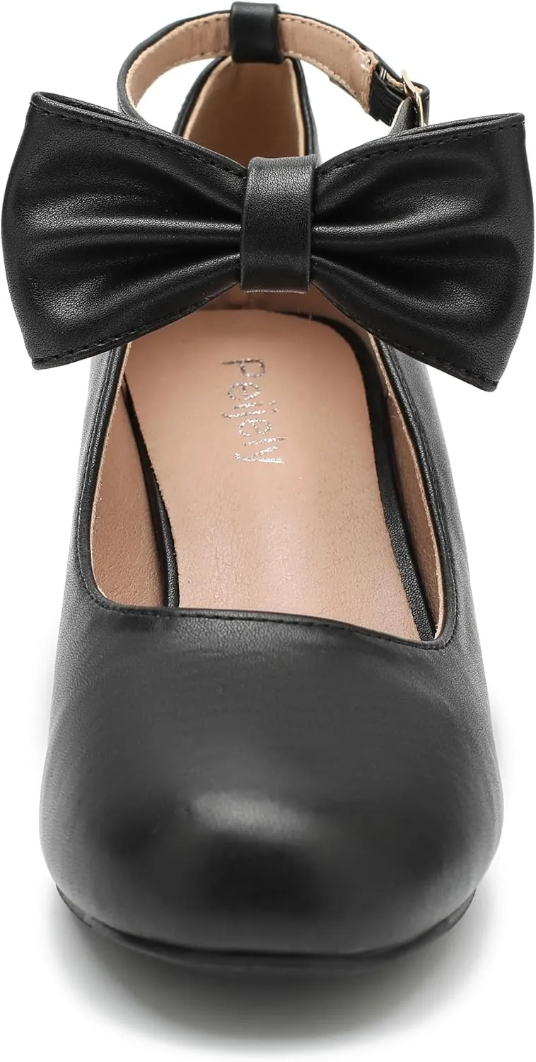 Women's Ankle Strap Heels Removable Bow Closed Toe Low Chunky Heels Pumps Mary Jane Dress Shoes