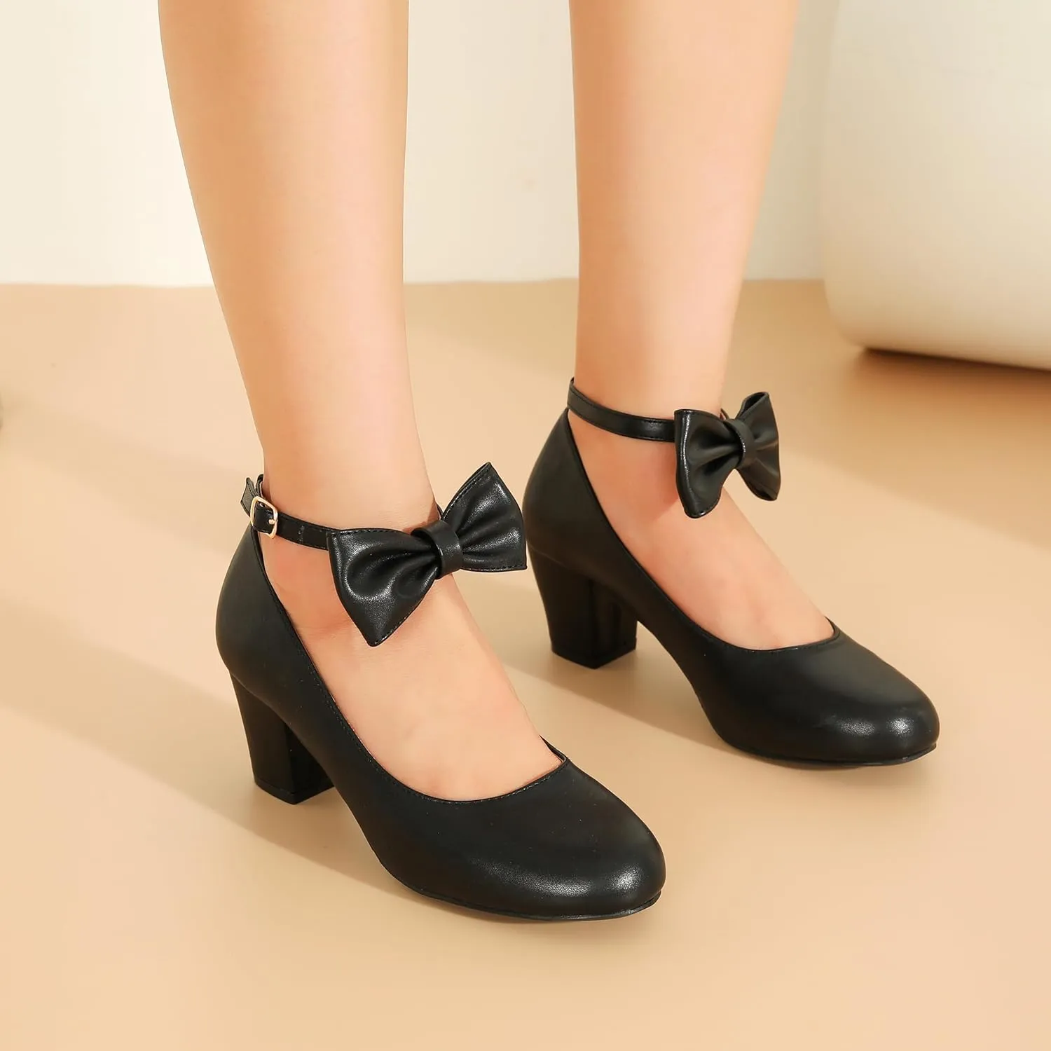 Women's Ankle Strap Heels Removable Bow Closed Toe Low Chunky Heels Pumps Mary Jane Dress Shoes
