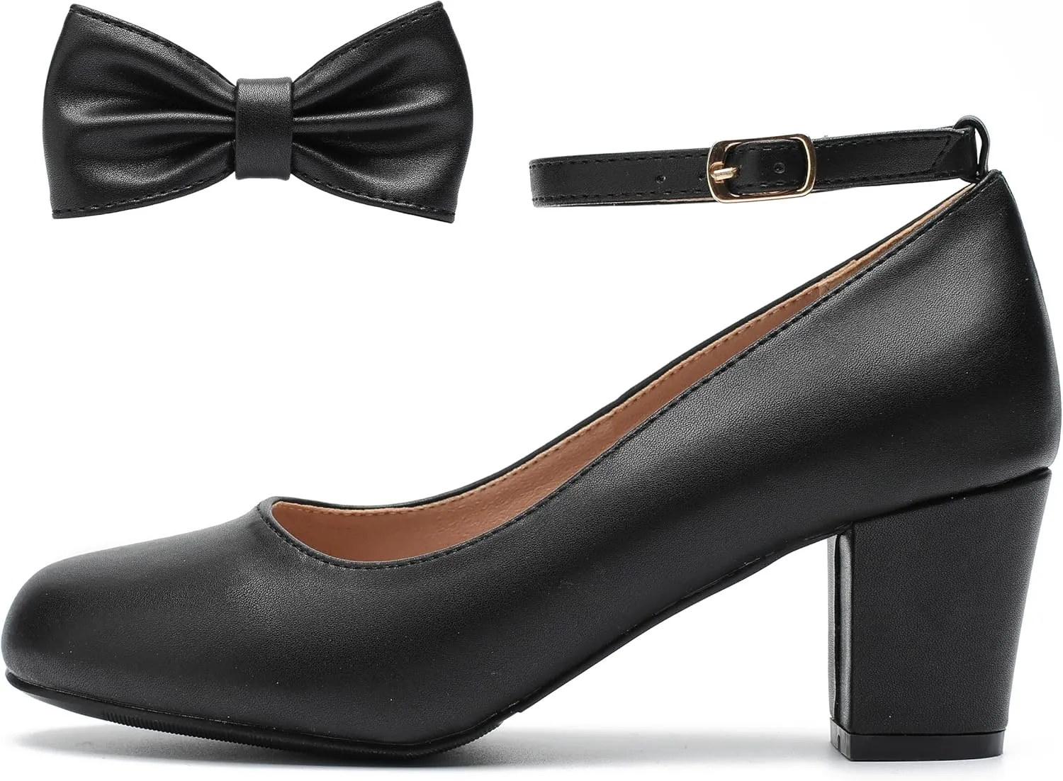 Women's Ankle Strap Heels Removable Bow Closed Toe Low Chunky Heels Pumps Mary Jane Dress Shoes